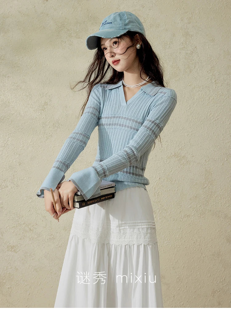 MISHOW Striped Knitted Tops for Women Spring 2025 Contrast Color Striped Slim V-neck Trumpet Sleeves Commuter Outfit MXE13Z1141