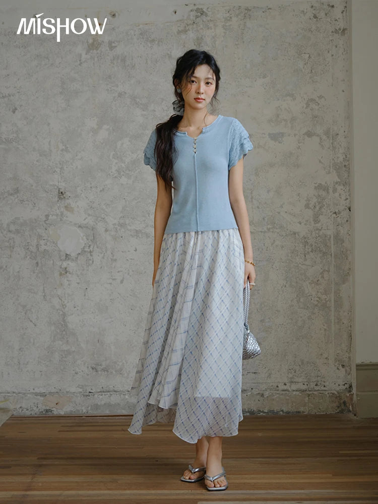 MISHOW Patchwork Plaid Chiffon Half Skirt for Women 2025 Summer Fashion Irregular Wave Edge High Waist A-line Skirt MXE34B0739