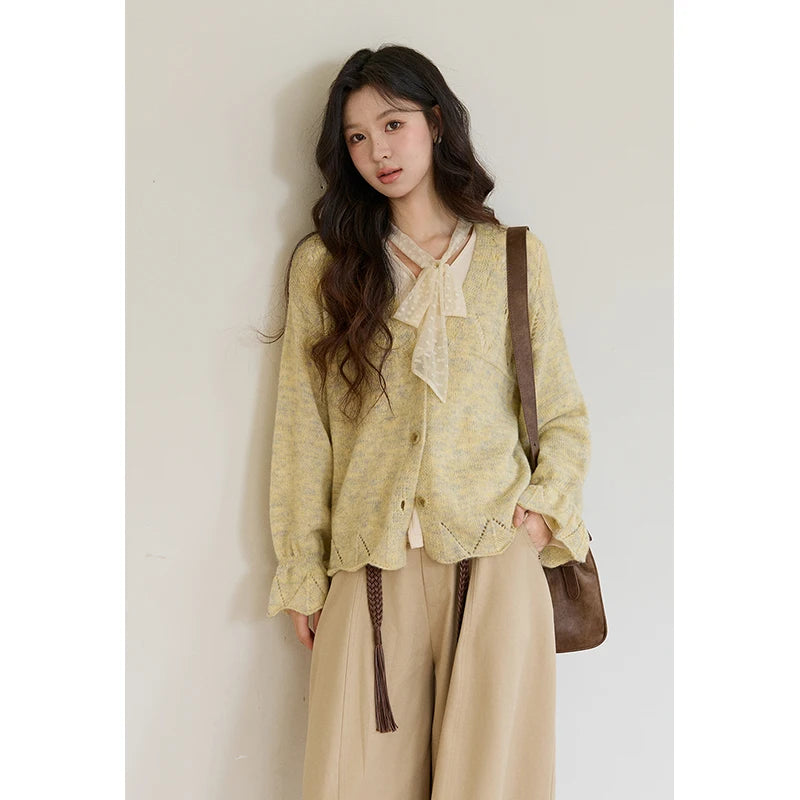 MISHOW Women's Marled Yellow Mohair Knit Cardigan 2026 Spring V-Neck Flare Sleeve Cardigans Casual Loose Sweater MXF108Z1021