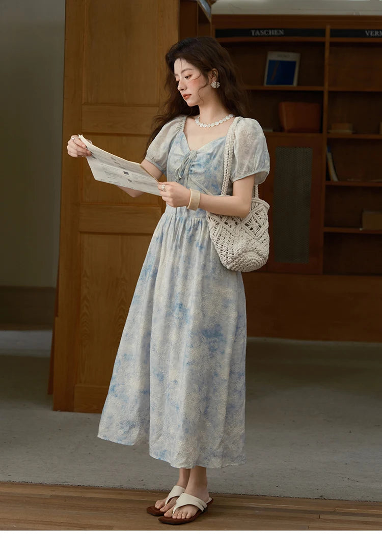 MISHOW Women's Fashion V-neck Lace Up French Dress 2025 Summer Puff Sleeve Embroidery Flower Dress Female Clothing MXE38L2379