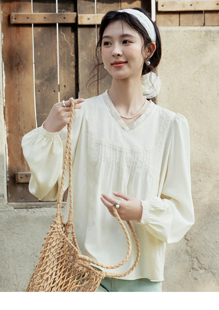 MISHOW Women's Lyocell Blouse 2025 Spring Summer Lace V-neck Commuting Top Puff Sleeve Solid Loose Blouse Office Lady MXE15X1735