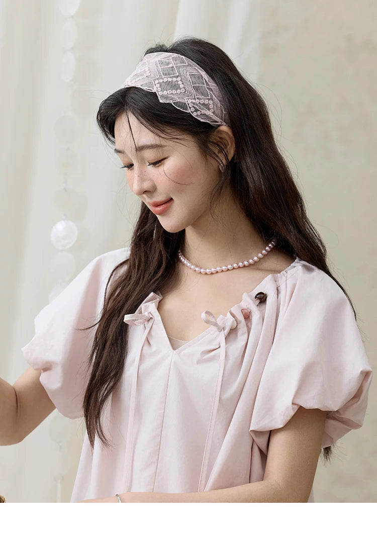 MISHOW Solid French Summer Blouses Woman 2025 New Short Puff Sleeve V-neck Beaded Retro Shirts Women Fashion Tops MXE33X1757