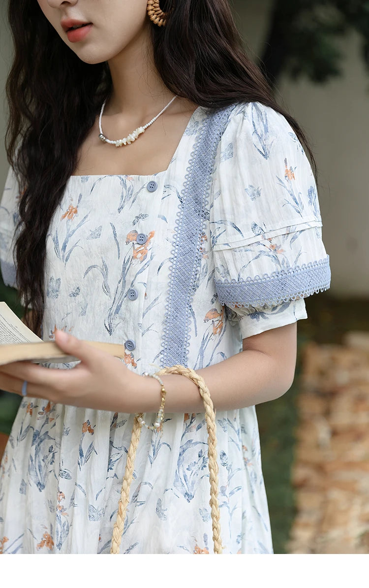 MISHOW Ink Wash Printed Fabric Dress for Women 2025 Summer French Oil Painting Square Neck Splicing Lace Doll Dresses MXD29L1932