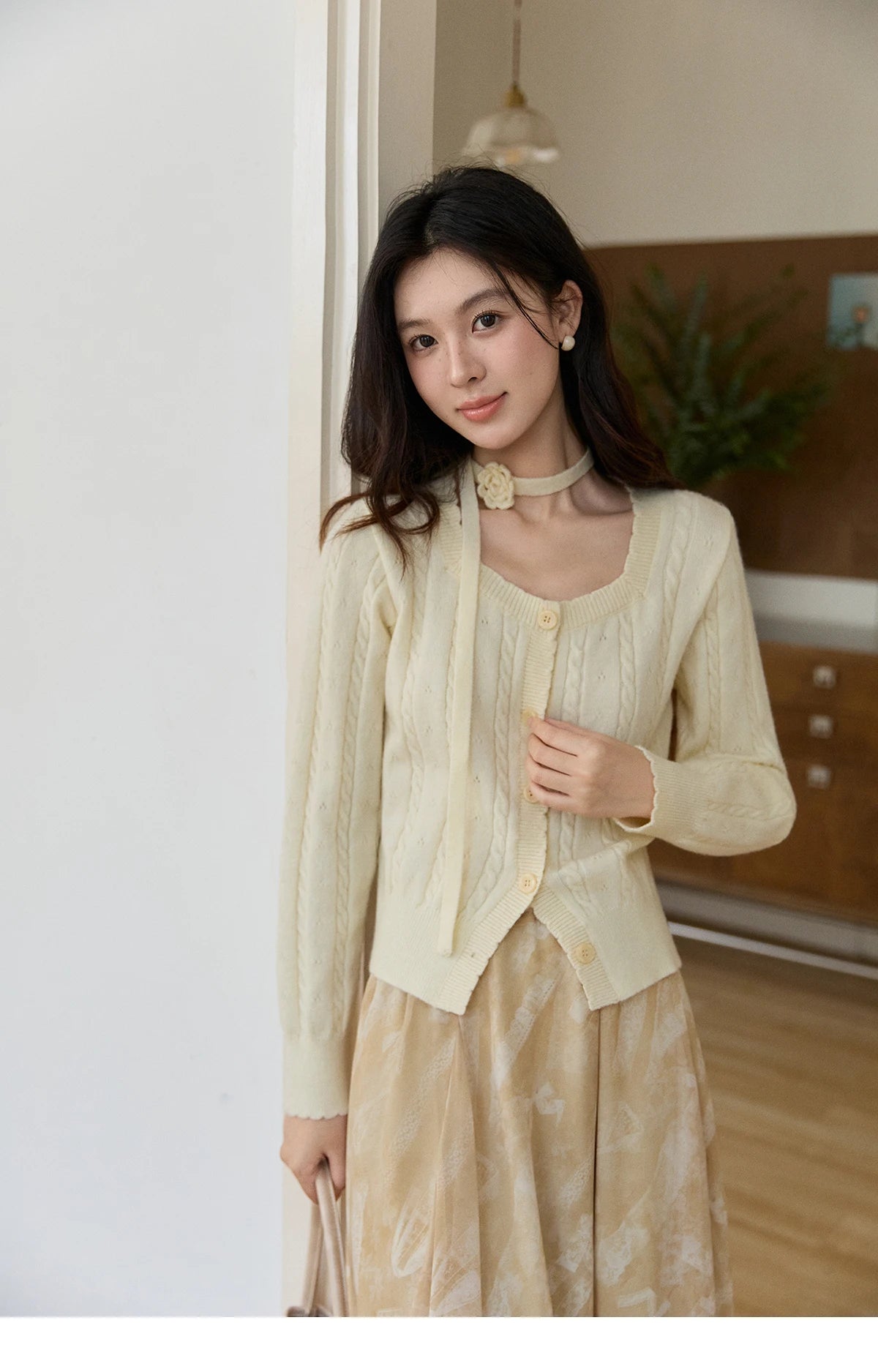 MISHOW Women's Beige Cable Knit Cardigan 2026 Spring Square Neck Long Sleeve Slim Casual Knitwear with Flower Ribbon MXF11Z2903