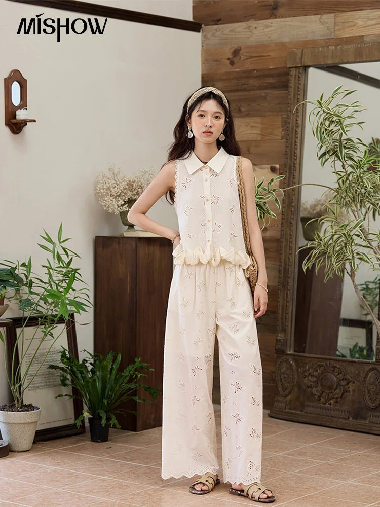 MISHOW 100 Cotton Butterfly Hollow Lace Lapel Shirt for Women Single Breasted Elegant Breathable Shirts with Tube Top MXE34X1808