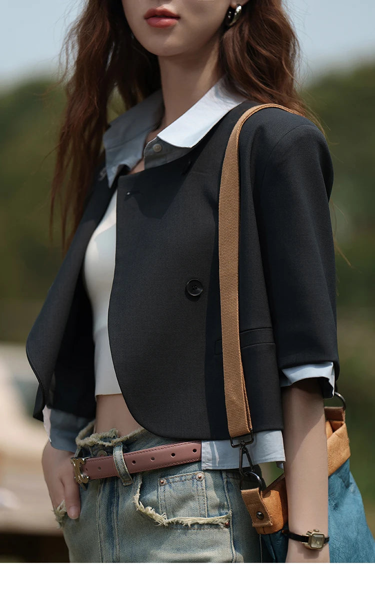 MISHOW Fake Two Short Suit Jackets for Women Summer Three Quarter Single Breasted Turn-down Collar Female Coats MXC33W0016