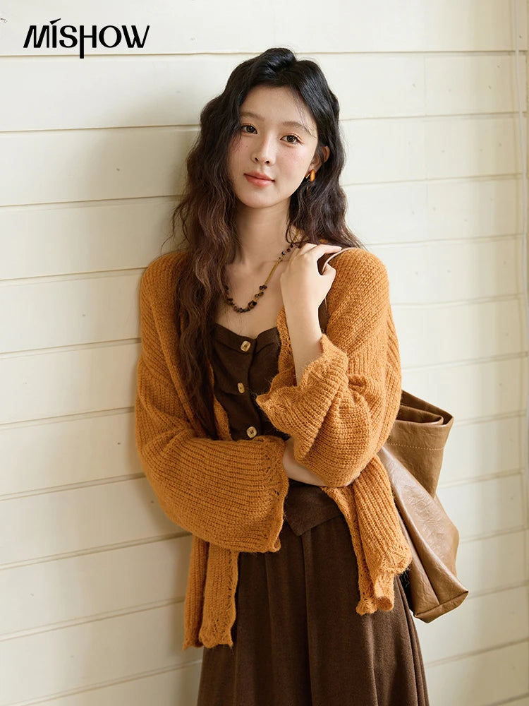 MISHOW Pumpkin Knitted Cardigan for Women Autumn 2025 Loose Wavy Edge Sweater Hollow Out Dropped Sleeves Cardigans MXE46Z2505
