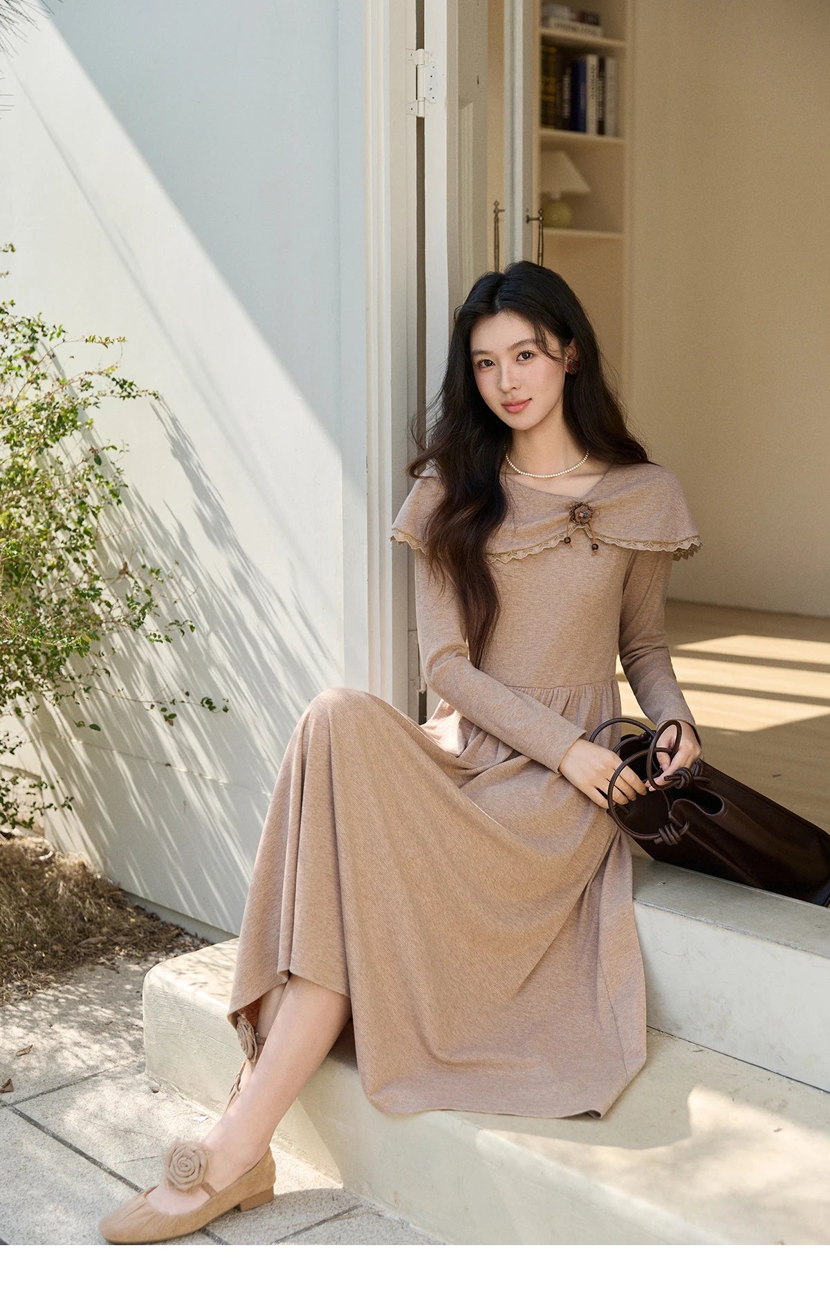 MISHOW Women's Khaki Knitted Dress 2026 Spring Large Collar Decor Long Sleeve Dresses Pleated Casual Elegant Dress MXF11L2553