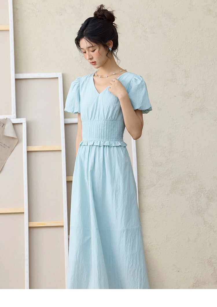 MISHOW French Summer Dresses Women 2025 New Short Puff Sleeve V-neck Solid Cotton Blended Dress Female Slimming MXE34L2288