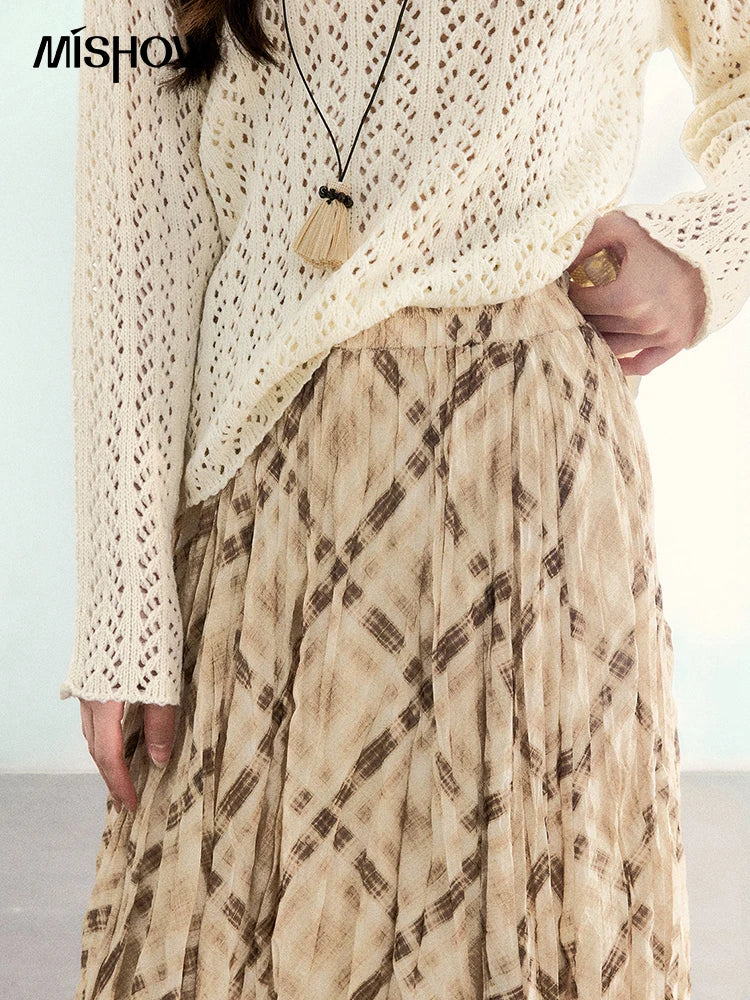 MISHOW Women's Beige Plaid Maxi Skirt 2026 Spring High Waist Flowy A-Line Skirts Elastic Waist Casual Chiffon Skirt MXF108B0769