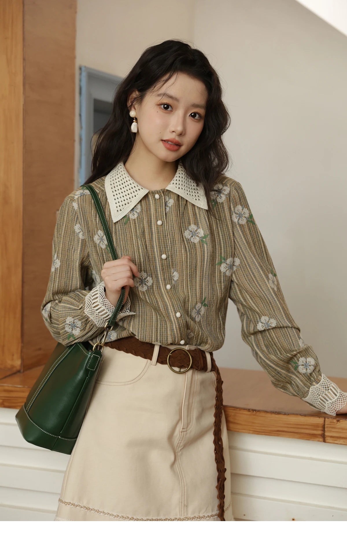 MISHOW Embroidered Shirt for Women Autumn 2025 Hollowed Out Woven Lapel Tops Lace Cuffs Vintage Long Sleeved Shirt MXE44C2393