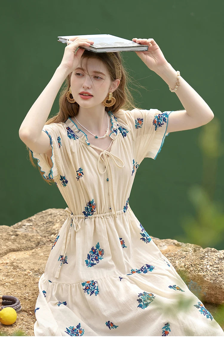MISHOW French Romantic Dress 2024 Summer Women Embroidered Flower Fairycore Dresses Elastic Waist Drawstring Dress MXD24L1835