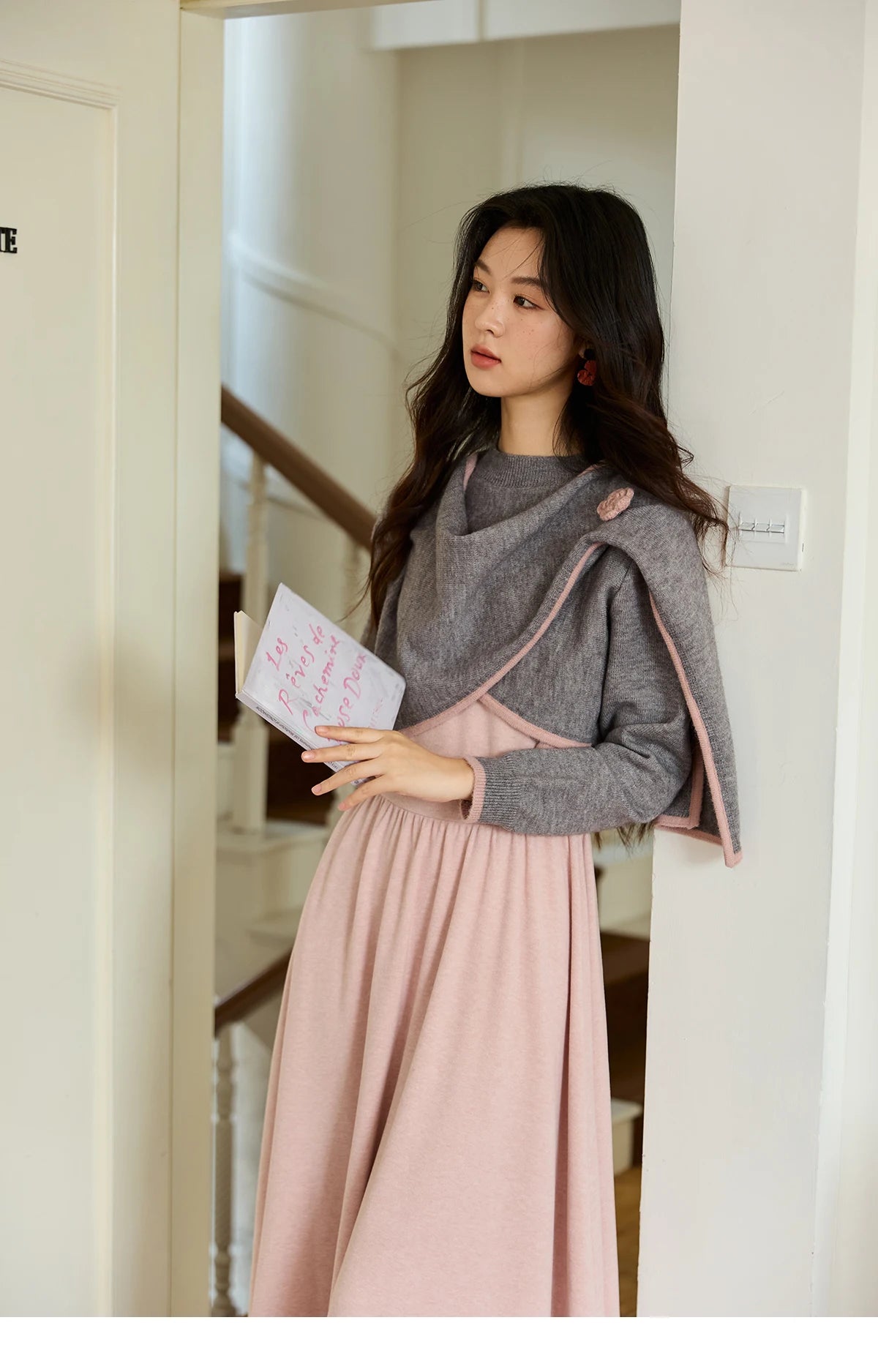 MISHOW Women's Knitted Suit 2025 Autumn Sweet Style Irregular Round Neck Top Pink Suspender Dress Slim Two-piece SuitMXE49T1397