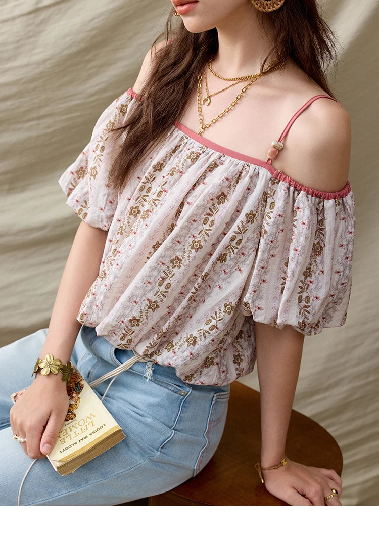 MISHOW French Summer Blouses Women New 2025 One-shoulder Floral Short Sleeve Contrast Color Shirts Woman Fashion MXE31X1767