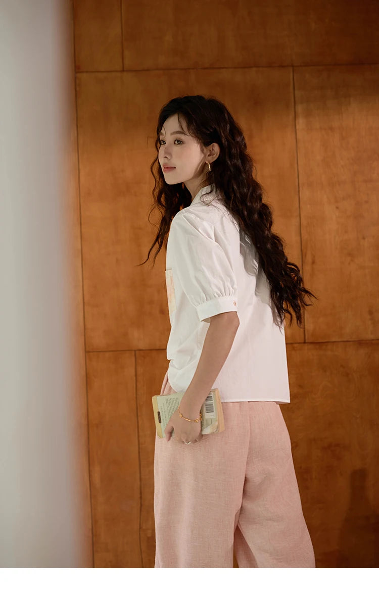 MISHOW Women's 100 Cotton Short Sleeved Shirt Loose 2025 Summer Embroidered Pocket Top Polo Neck Puff Sleeve Shirts MXD26C0243