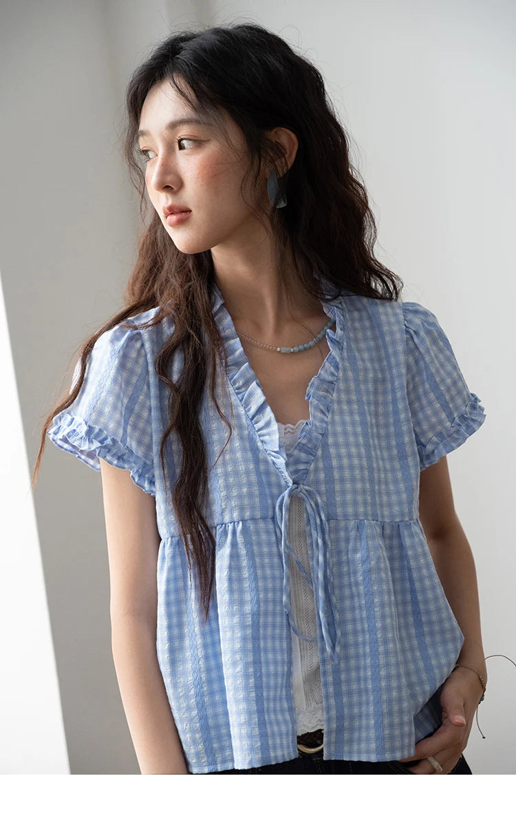 MISHOW Women's Plaid Blue Fake Two Piece Blouse 2025 Summer Fashion Puff Sleeve V-neck Lace Up Top Female Clothing MXE37X1901