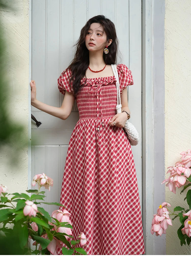 MISHOW Women's Retro Red Plaid Dress 2025 Summer New Square Neck Lace Up Hollow Out Spliced Dresses Women's Clothing MXE39L2324