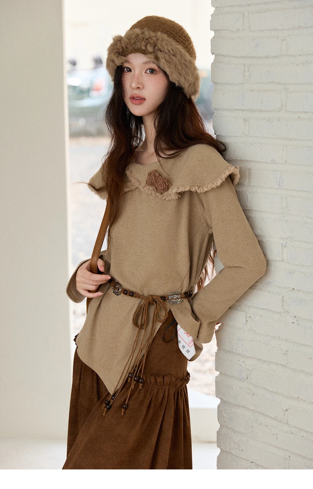 MISHOW Women's Long-sleeved Tops 2025 Winter Retro Brown Three-dimensional Flower Decoration Round Neck Knitted Tops MXE51Z2593