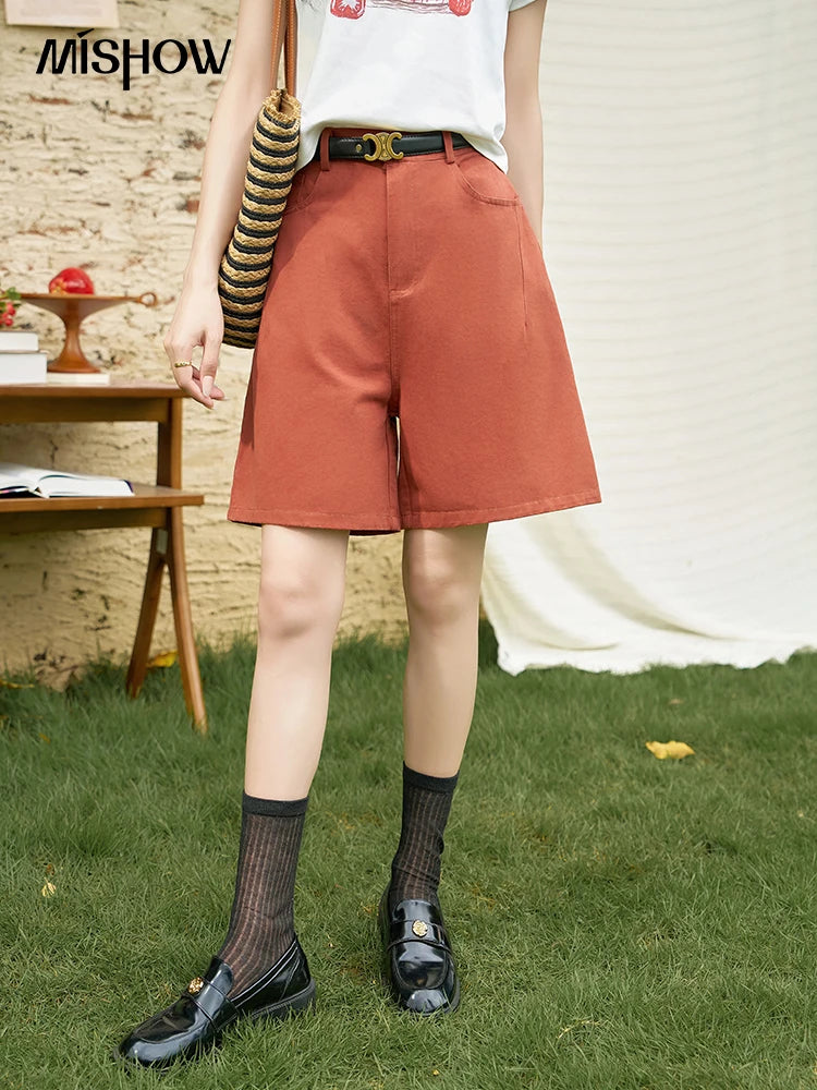 MISHOW Red Casual Shorts for Women 2024 Summer Korean Symmetrical Pocket High Waist Loose Straight Leg Short Pants MXD25K0679