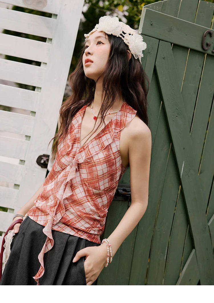 MISHOW French Retro Red Grid Hanging Neck Blouse for Women Summer 2025 Ruffled Edges Backless Blouses Vacation Top MXE34X1785