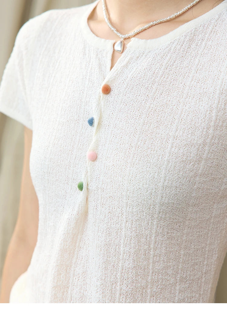 MISHOW Short Sleeved Knitted T-shirt for Women Summer 2025 Twisted Design Dopamine Button Tees Slim Breathable Top MXE34Z1243