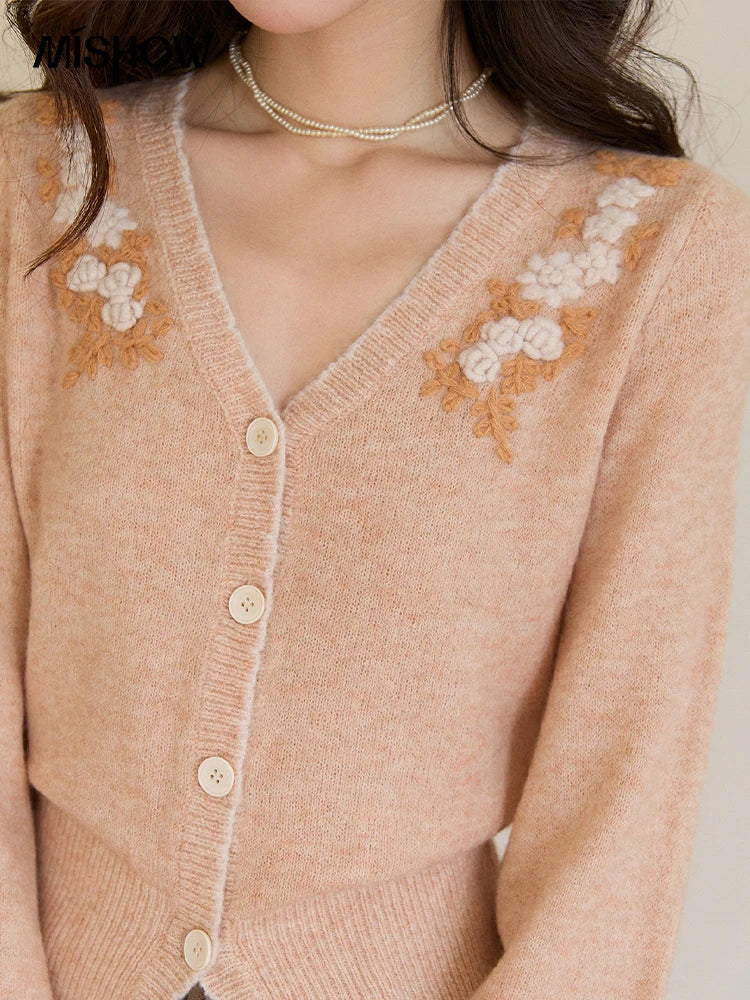 MISHOW Women's Floral Embroidery Knitted Cardigan 2026 Spring V-Neck Casual Short Tops Elegant Slim Knitted Sweater MXF11Z2917
