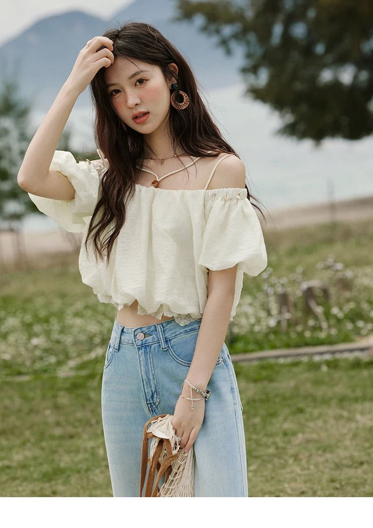 MISHOW French Summer Camisole Shirt Female 2025 New Solid Off-shoulder Short Sleeve Lace Tops Fashion Gentle Blouses MXE33X1755