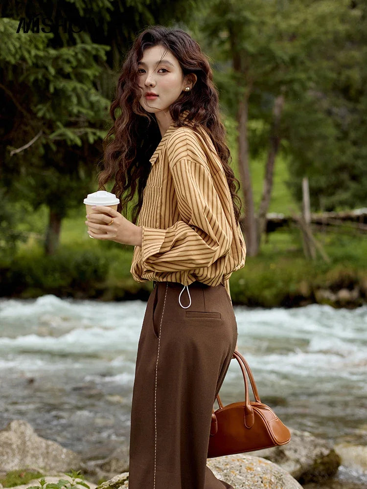 MISHOW Loose Lapel Collar Stripe Fake Two Piece Splicing Shirt for Women 2025 O-neck Asymmetric Square Pocket Shirts MXD43C0303