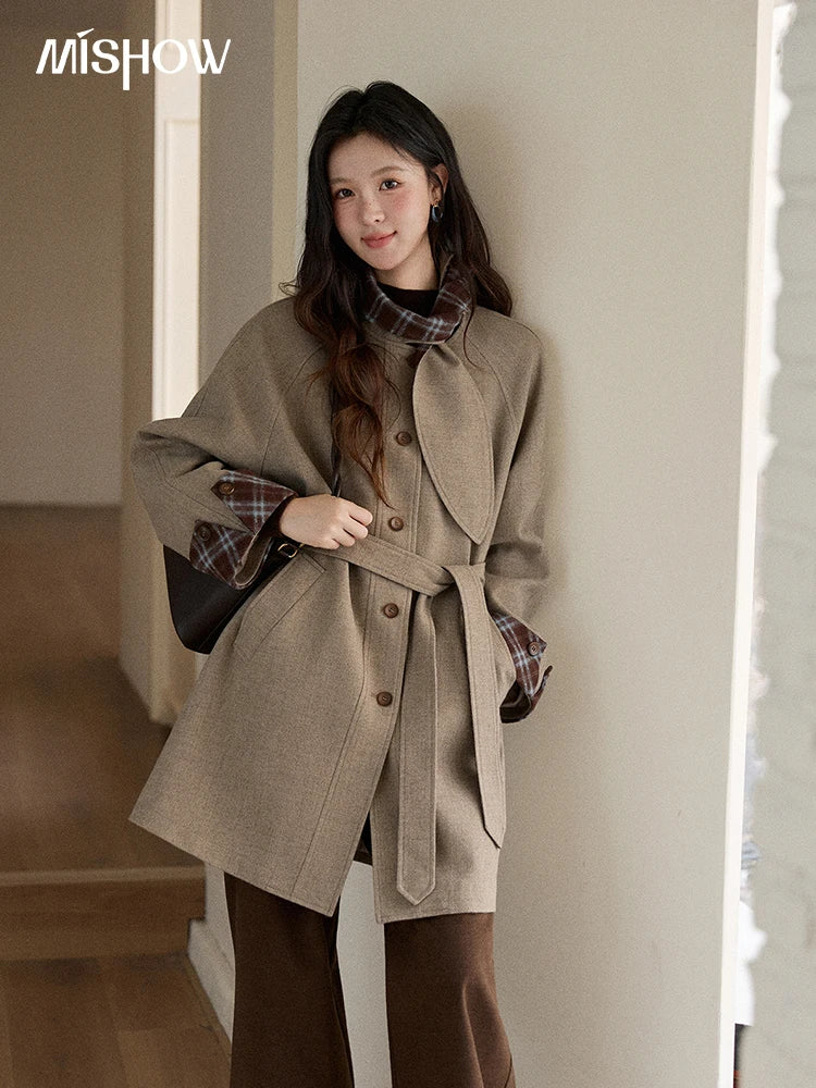 MISHOW Retro British Plaid Patchwork Woolen Coat Winter 2025 Rabbit Ear Tie Collar Waist Cinching Belt Woolen Coats MXE90W0924