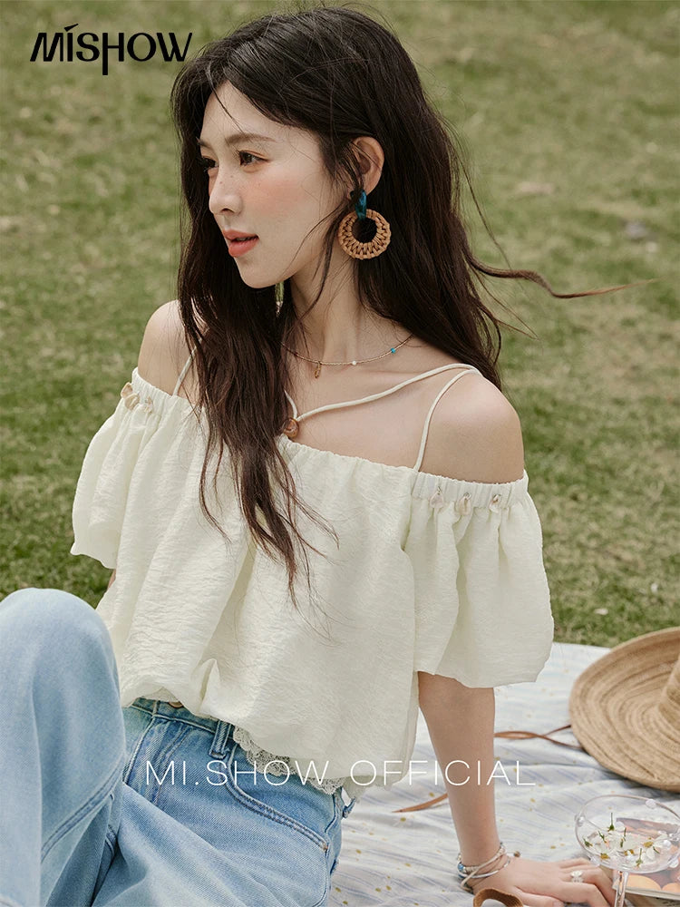 MISHOW French Summer Camisole Shirt Female 2025 New Solid Off-shoulder Short Sleeve Lace Tops Fashion Gentle Blouses MXE33X1755