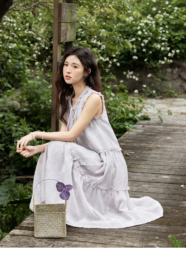 MISHOW Summer Embroidered Dress for Women 2025 New Round Neck Ruffled Sleeveless A-line Midi Dresses Female Fashion MXE33L2231