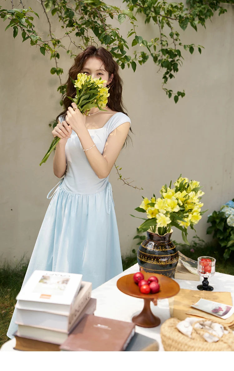 MISHOW Square Neck Patchwork Knitted Long Dress Summer 2024 Minimalist High Waist Side Drawstring Waist Slim Dresses MXD23L1818