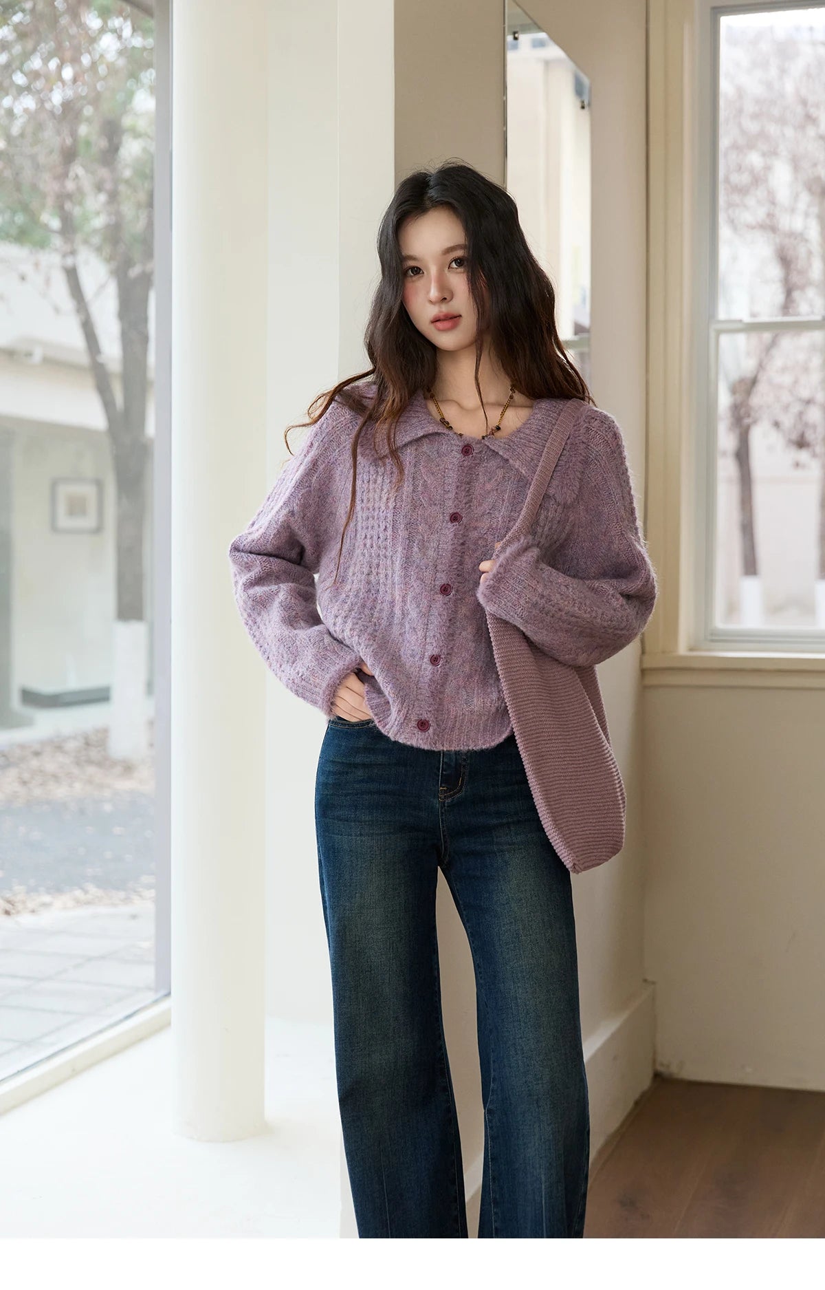 MISHOW Cardigans Ladies 2025 Winter Loose Retro Purple Turn-down Collar Imitation Mink Sweater Commute knit Top MXE88Z2616