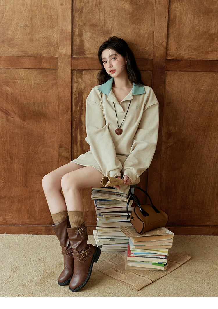 Mishow Polo Neck Sweatshirt & Contrast Letter Skirt Set MXD44V0097