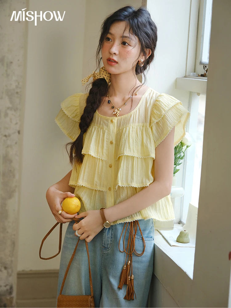 MISHOW Butterfly Sleeve Chiffon Shirt Women's 2025 Summer New Women's Clothing Retro Square Neck Button Casual Shirt MXD30X1488