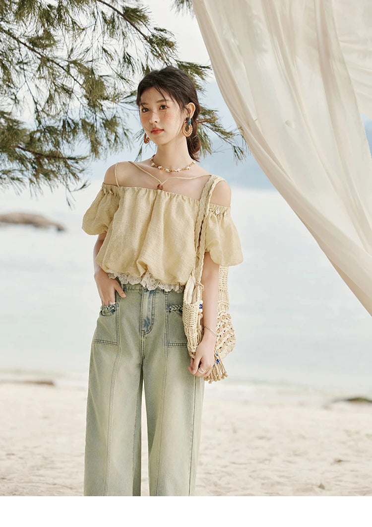 MISHOW French Summer Camisole Shirt Female 2025 New Solid Off-shoulder Short Sleeve Lace Tops Fashion Gentle Blouses MXE33X1755