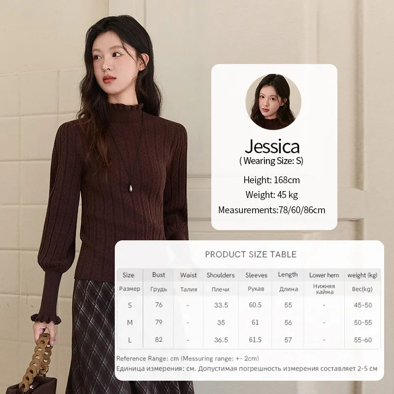 MISHOW Women's Half Turtleneck Ruffle Trim Lantern Sleeve Bottoming Tops 2025 Winter Vertical Rib Slim Knitted Top MXE93Z2810