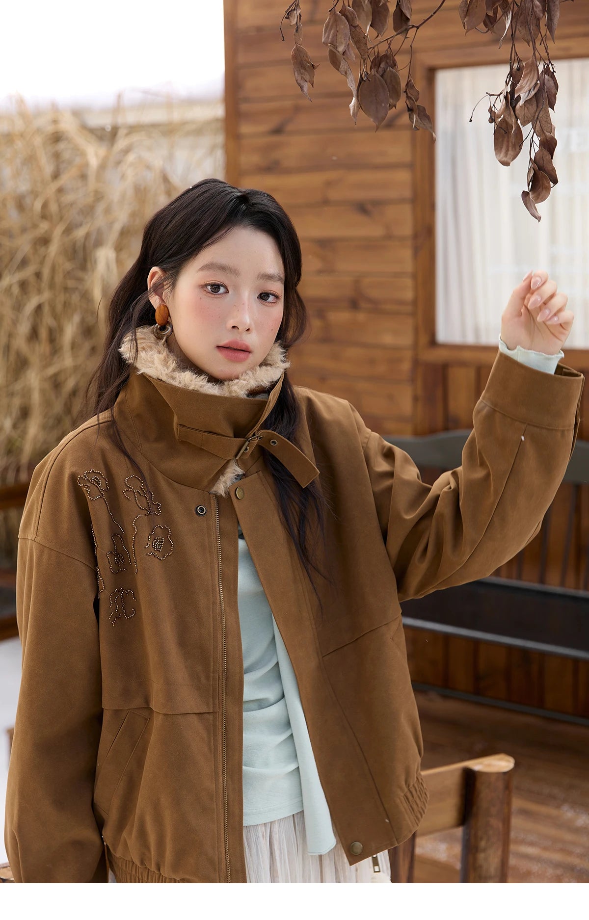 MISHOW Brown Suede Jacket for Women 2025 Winter New Detachable Fur Collar Coat commute Long Sleeve Zipper Jacket MXE51W0876