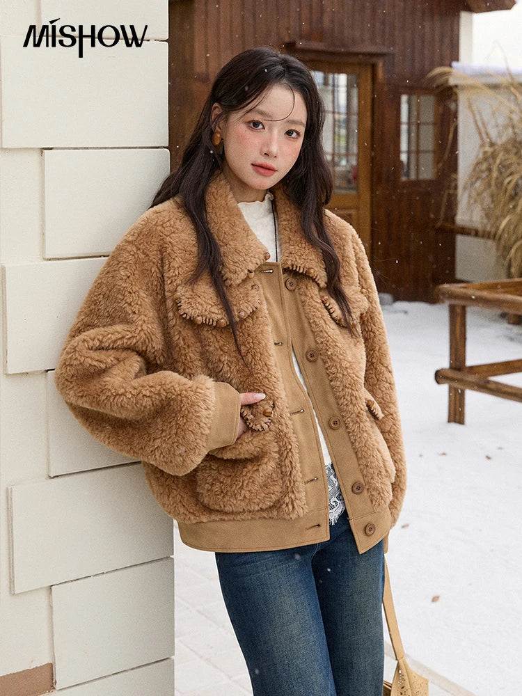 MISHOW Faux Lambskin Coat Women 2025 Winter Retro Turn-down Collar Brown Coat Office Lady Loose Warm Casual Jackets MXE89W0896