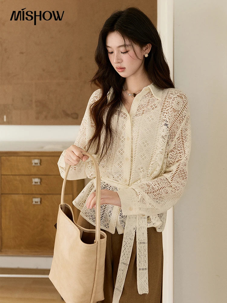 MISHOW Women's Hollow-out Lace Shirt Camisole Set 2026 Spring Lapel Drawstring Waist Sheer Casual Two-Piece Knitwear MXF108C0816