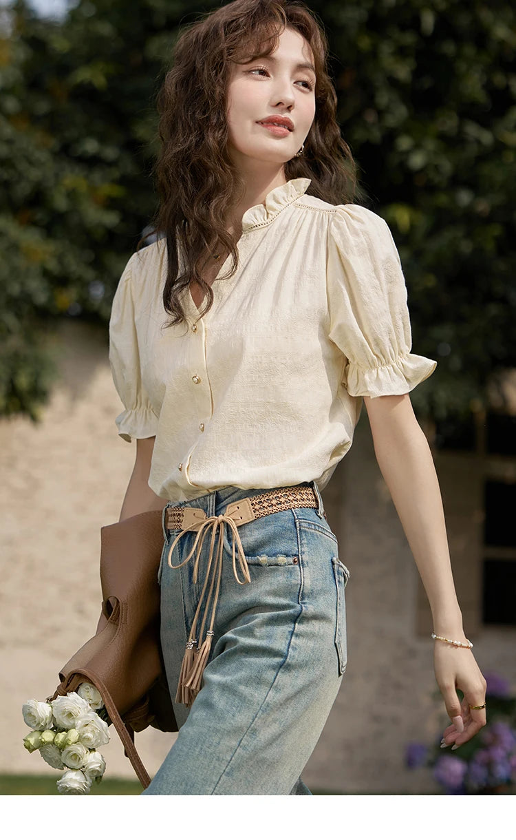 MISHOW Suspender Denim Dress Paired Blouse Separately 2024 Summer V Neck Puff Sleeve Top Back Elastic Waist Dress MXD21L1664