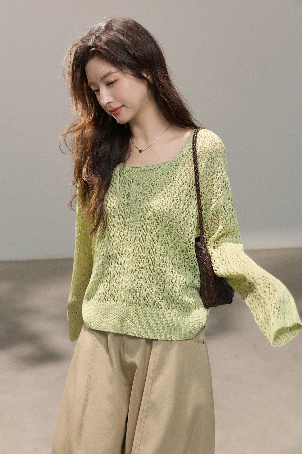 MISHOW Women's Hollow Out Cable Knit Tops with Camisole Two Piece Set Spring Loose Casual Breathable Green Sweater MXF16T1524