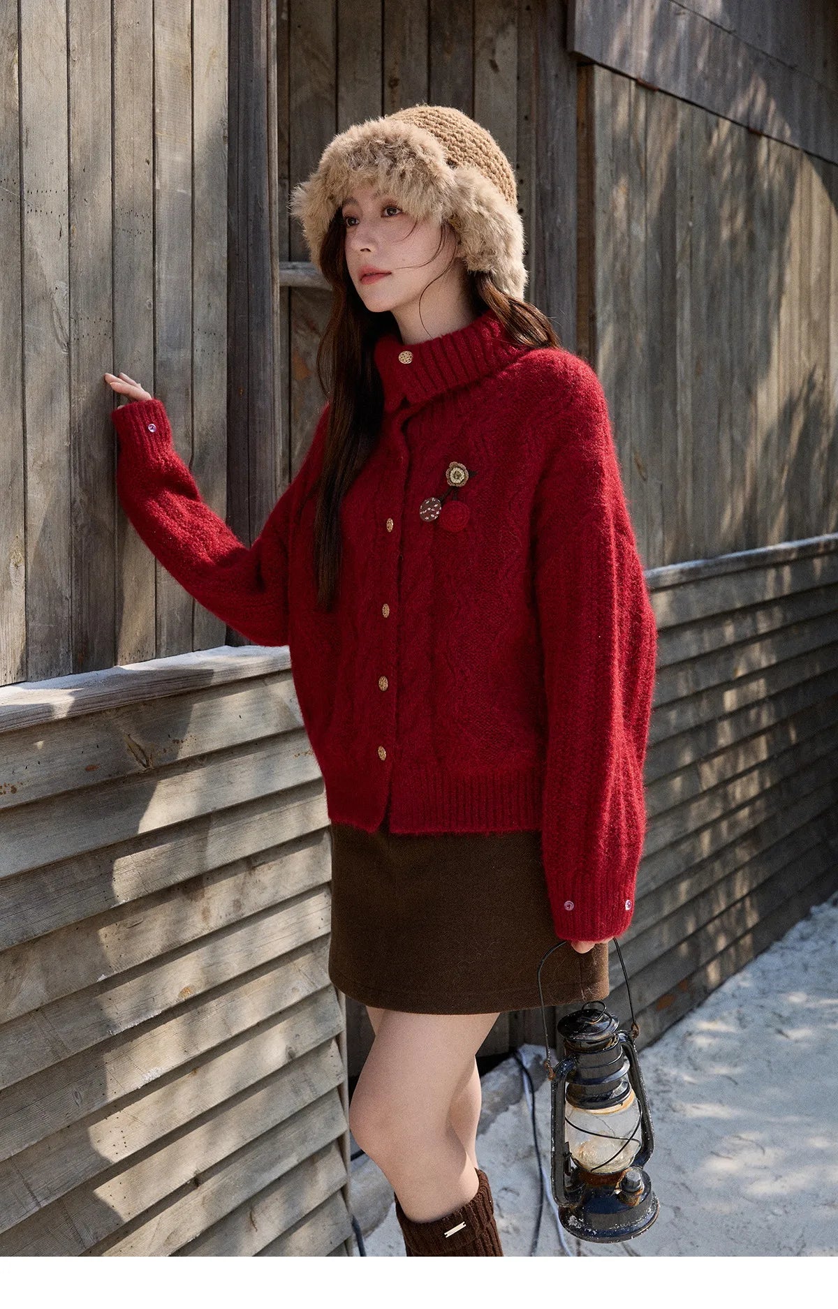 MISHOW Women's Red Knitted Cardigan Autumn Winter Cable Knitted Stand Collar Single-breasted Warm Loose Outerwear MXE92Z2827