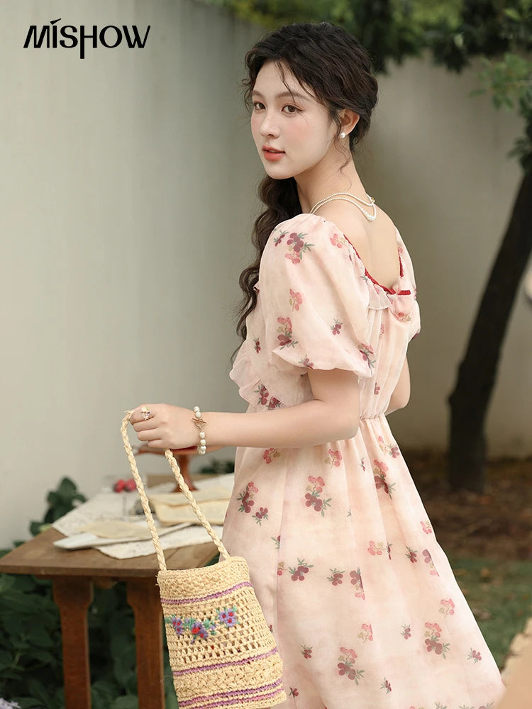 MISHOW Tea Break French Dress Women 2025 Summer Korean Floral Bubble Sleeve Dress Square Neck Lace-up Waist Dresses MXD31L1924