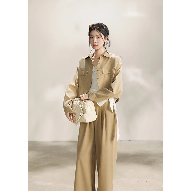 MISHOW Women's Khaki Three-Piece Set Spring Cropped Lapel Short Jacket Irregular Polka Dot Vest Wide Leg Pants Set MXF13T1478