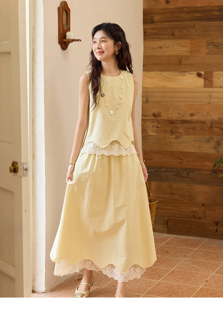 MISHOW Set 2 Piece 2025 Summer Women's O-Neck Lace Patchwork Sleeveless Top Elastic Waist Midi Skirt Elegnat Set MXE36T0641