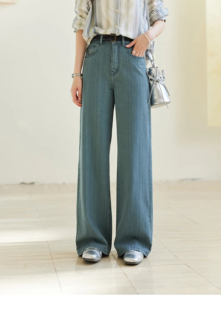 MISHOW Versatile Denim Straight Leg Pants for Women Spring 2025 Embroidery Pockets Commuting Loose Denim Trousers MXE14K0870