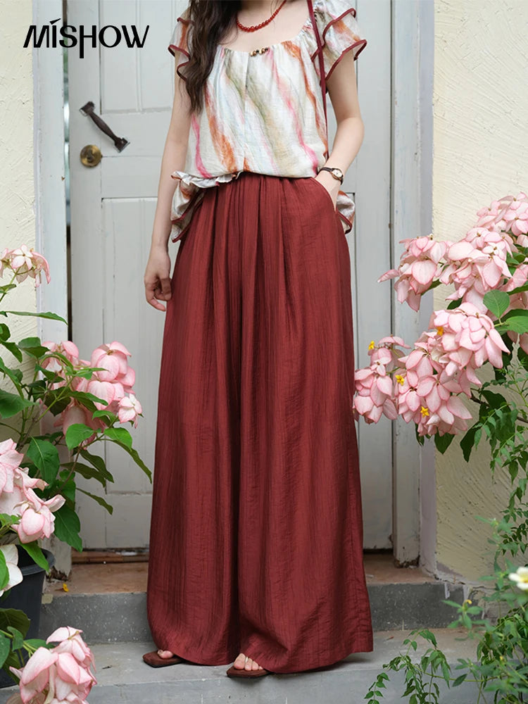 MISHOW Women's Wide Leg Pants 2025 Summer New Office Lady Fashion High Waist Casual Pocket Red Pants Female Clothing MXE38K0952