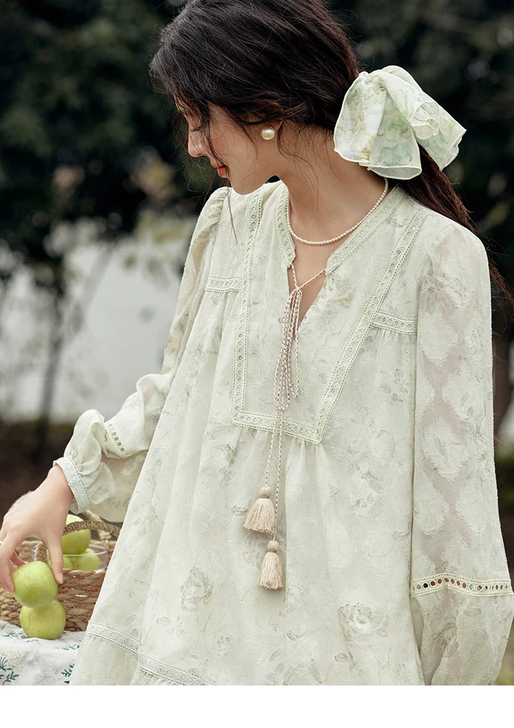 MISHOW Floral V-neck Drawn Tassels Dresses 2025 Spring Summer Hollow Out Lantern Sleeve Dresses Vacation Doll Dress MXE15L2121