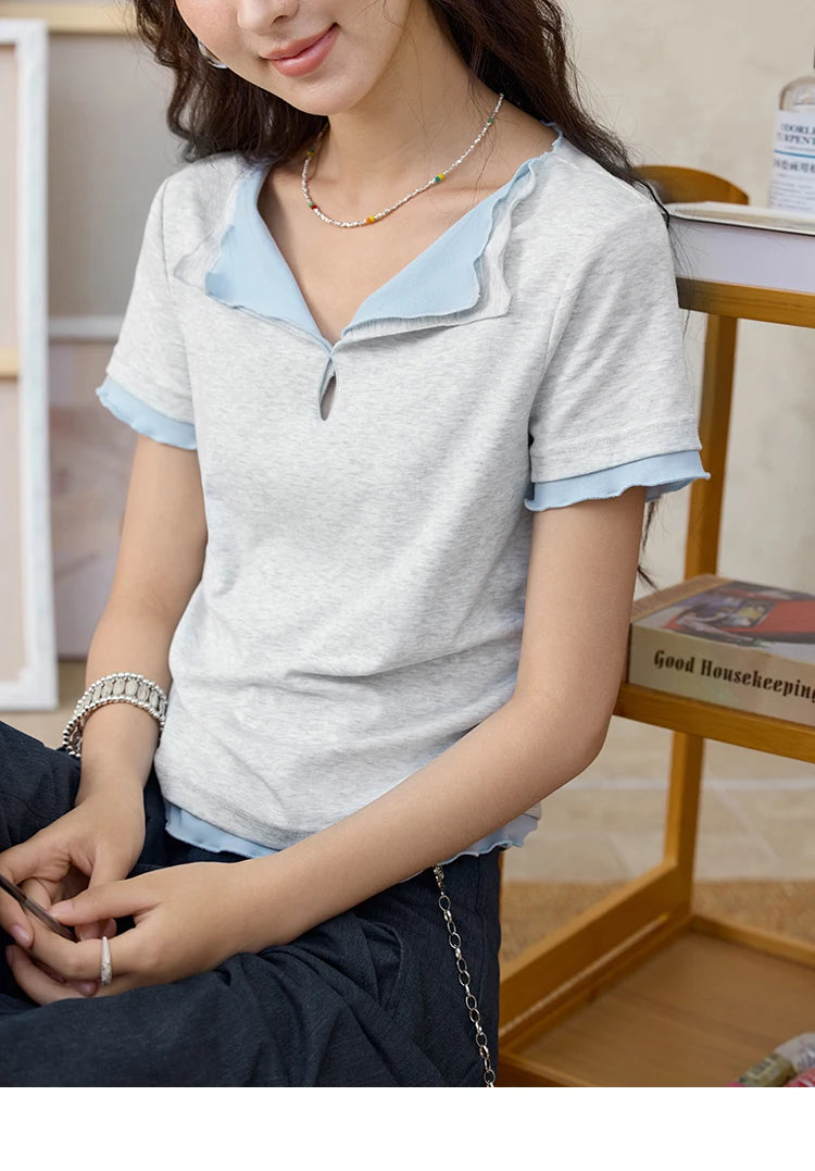 MISHOW Grey Blue Fake Two Piece Contrasting T-shirt for Women Summer 2025 Lapel Wavy Edge Slim Tees Cotton Blend Top MXE35T0567